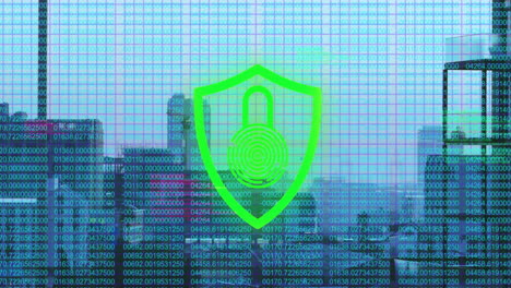 Animation-of-data-and-flashing-red-and-green-padlock-and-shield-icon-over-cityscape