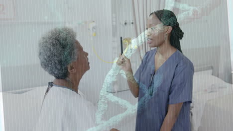Animation-of-dna-on-screen-over-african-american-female-doctor-checking-sight-of-senior-patient