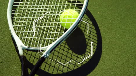 Animation-of-shape-over-tennis-racket-and-ball-on-green-background