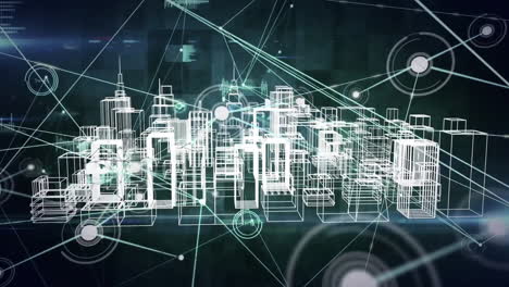 Animation-Eines-Netzwerks-Von-Verbindungen-über-Einem-3D-Stadtmodell