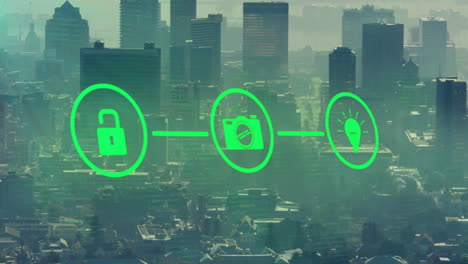 Animation-of-green-network-of-padlock-and-media-icons-over-modern-cityscape