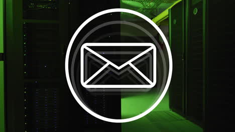 Animation-of-envelope-email-icon-over-dark-computer-server-room