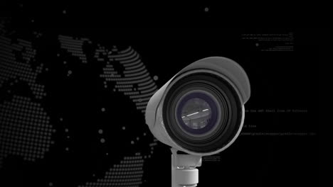 Animation-of-digital-data-processing-over-cctv-camera-and-globe-on-black-background