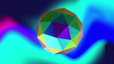 Animation-of-rotating-3d-metallic-faceted-sphere-over-colourful-blurred-background