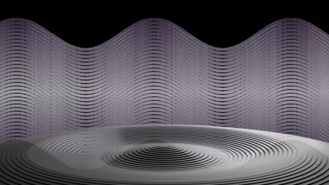 Animation-of-black-and-silver-undulating-circular-podium-with-wavy-grey-striped-background-on-black