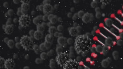 Animation-Von-Viruszellen-Und--flecken-über-Einem-DNA-Strang