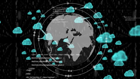 Animation-of-globe-and-processing-data-with-blue-cloud-icons-on-black-background