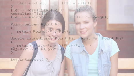 Animation-of-data-processing-over-caucasian-female-friends-smiling