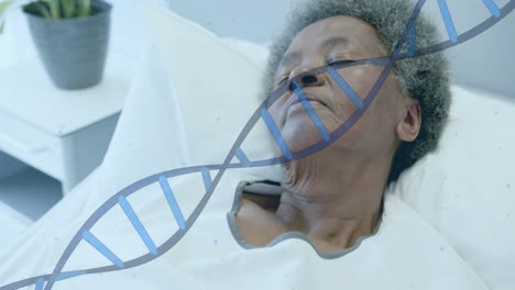 Animation-of-dna-strand-over-senior-african-american-female-patient-sleeping-in-hospital-bed