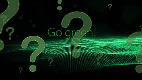 Animation-Von-„Go-Green“-Text-Mit-Fragezeichen-über-Grünen-Punkten-Auf-Schwarzem-Hintergrund