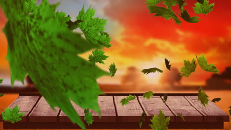 Animation-of-autumn-leaves-falling-over-sunset-and-wooden-surface