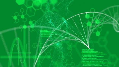 Animation-Von-DNA-Strängen,-Lichtspuren-Und-Datenverarbeitung-Auf-Grünem-Hintergrund