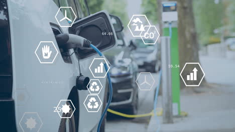 Animation-of-ecology-icons-and-data-over-electric-car-charging-at-port