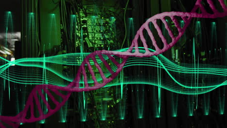 Animation-of-dna-strand,-light-trails-and-data-processing-over-dark-background