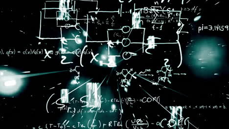 Animation-of-mathematical-equations-over-light-spots-on-black-background