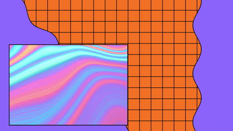 Animation-Eines-Fensters-Mit-Rosa,-Blauen-Und-Violetten-Wirbeln-über-Einem-Orangefarbenen-Gitter-Mit-Violetter-Welle