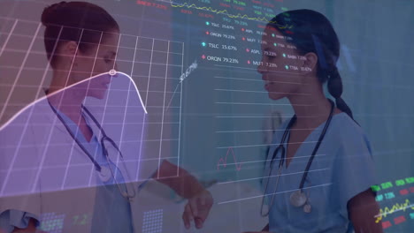 Animation-of-data-processing,-stock-market-and-diagrams-over-diverse-female-doctors-talking