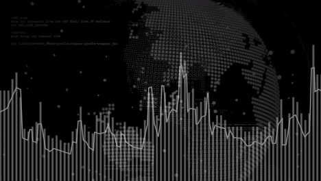 Animation-of-white-pixel-globe-and-graph-processing-data-on-black-background
