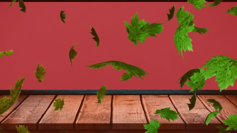 Animation-Von-Herbstblättern,-Die-über-Eine-Holzoberfläche-Und-Einen-Roten-Hintergrund-Fallen
