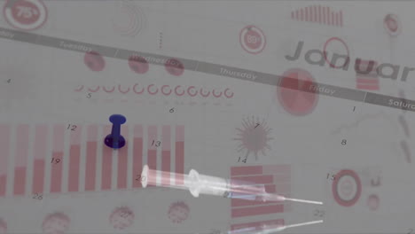 Animation-of-data-processing-on-white-background-over-syringe-and-calendar