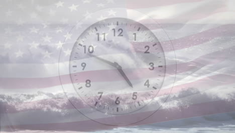 Animation-of-fast-moving-hands-on-clock-over-american-flag-and-cloudy-sky