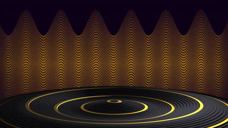 Animation-Eines-Wellenförmigen,-Runden-Podiums-In-Schwarz-Und-Gold-Mit-Welligem,-Braun-Gestreiftem-Hintergrund