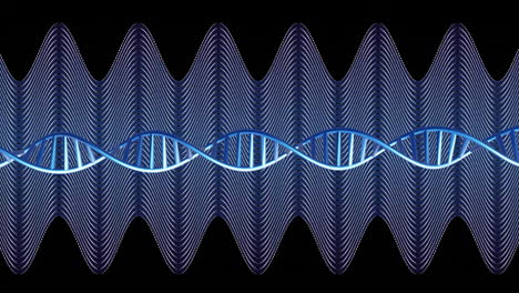 Animation-of-rotating-helix-over-white-curved-zigzag-stripes-on-blue-background