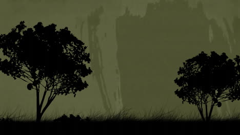 Animation-of-silhouetted-trees-and-grass-over-green-scratch-texture-background