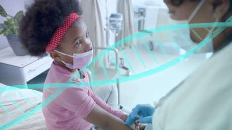 Animation-of-dna-strand-over-african-american-female-doctor-vaccinating-girl-patient-in-mask
