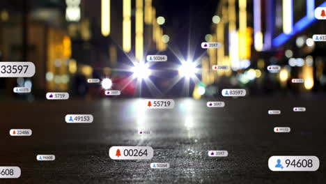 Animation-of-social-media-icons-with-growing-numbers-over-car-on-city-street