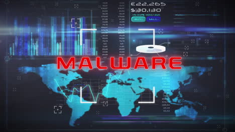 Animation-of-malware-text-and-data-processing-over-world-map