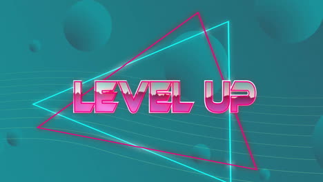 Animation-of-level-up-text-in-pink-metallic-letters-over-blue-spheres-on-blue-background