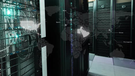 Animation-of-countries-flashing-on-world-map-over-computer-server-room