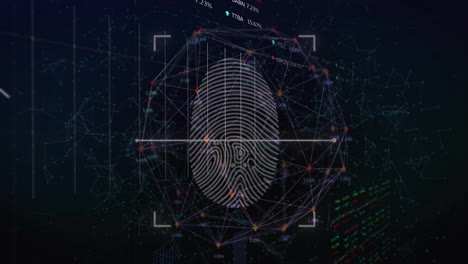 Animation-of-biometric-fingerprint-scanner-over-global-network-on-black-background