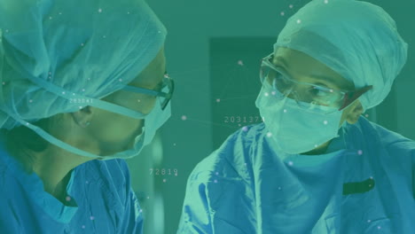 Animation-of-data-processing-over-diversde-male-and-female-surgeon-operating-in-theatre