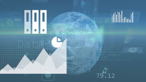 Animation-Von-Digitalen-Mediensymbolen-Und-Diagrammen-Zur-Datenverarbeitung-über-Einem-Globus-Auf-Blauem-Hintergrund