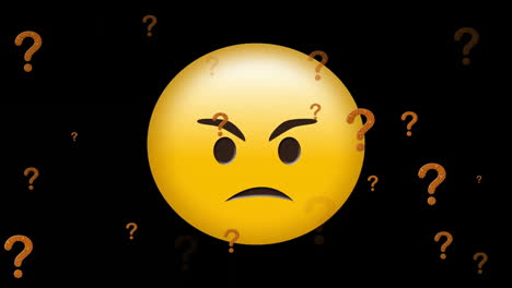Animation-of-angry-emoji-icon-with-question-marks-on-black-background