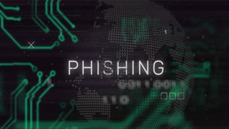 Animation-of-phishing-text-over-motherboard,-globe-and-processing-data-on-black