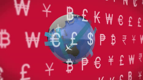 Animation-Von-Finanzwährungssymbolen-über-Dem-Globus