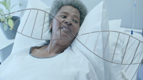 Animation-of-dna-strand-over-happy-senior-african-american-female-patient-in-hospital-bed