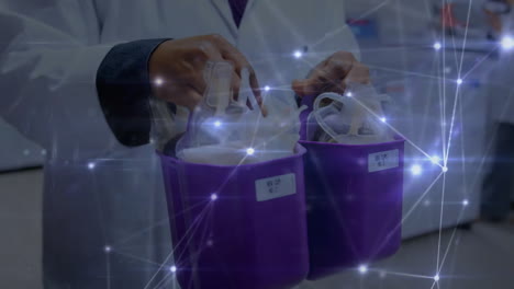 Animation-of-network-of-connections-over-biracial-doctor-holding-buckets