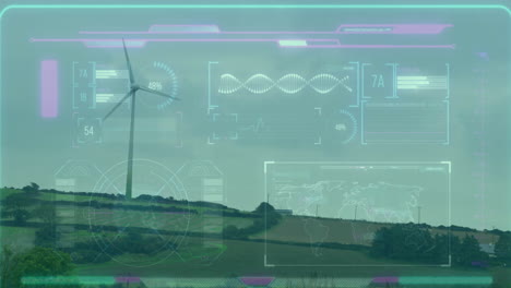 Animation-of-charts-on-interface-screen-processing-data-over-wind-turbine-in-field