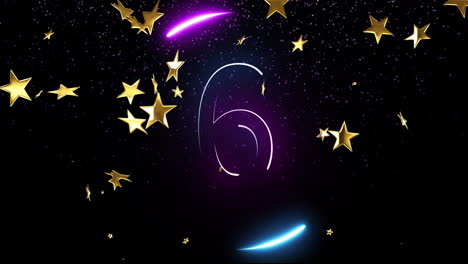Animation-of-stars-and-snow-falling-over-countdown-on-black-background