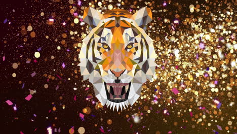 Animation-of-confetti-and-light-spots-over-tiger-on-black-background