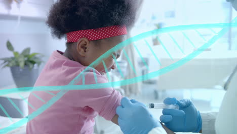 Animation-of-dna-strand-forming-over-doctor-giving-injection-to-african-american-girl-patient