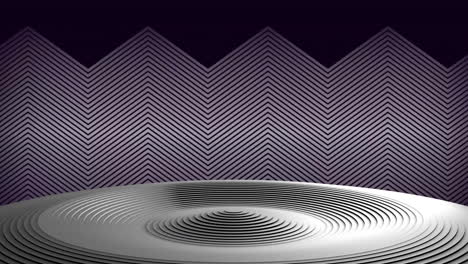 Animation-of-black-and-silver-undulating-circular-podium-with-zigzag-grey-and-black-background