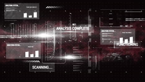 Animation-of-analysis-text-and-data-processing-over-black-background