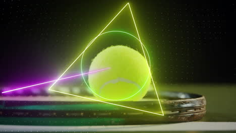 Animation-of-colourful-circle,-triangle-and-square-scanning-tennis-ball-and-racket-on-court