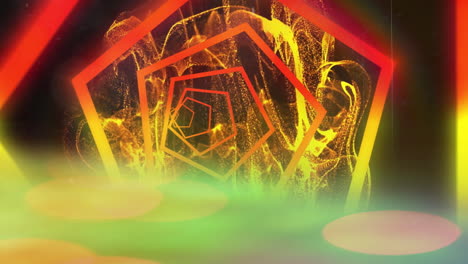 Animation-Von-Grünem-Licht-Und-Orangefarbenem-Und-Gelbem-Sechsecktunnel-über-Flammen-Auf-Schwarzem-Hintergrund