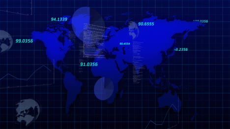 Animación-Del-Procesamiento-De-Datos-Financieros-Sobre-El-Mapa-Mundial-Sobre-Fondo-Oscuro